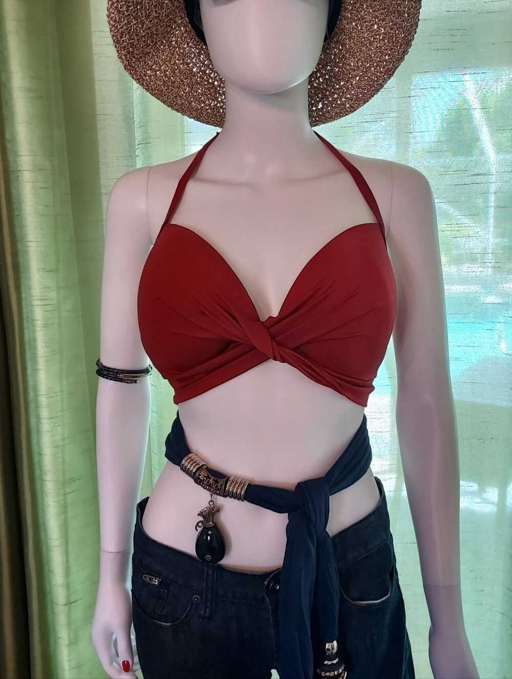 Shade & Shore Twist Front Halter Bathingsuit/ Crop Top: Underwire : Crimson 36DD